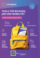 ein gelber Rucksack mit Tablet vor lila Hintergrund. Darum herum Icons mit den Namen der Europass Tools.